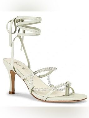 RAYE Brie Beaded Ankle Strap Heels Size 6 | White Embellished Sandals